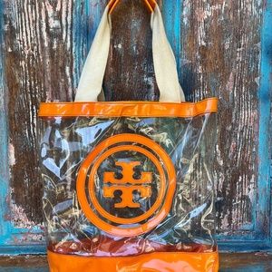 TORY BURCH Orange Clear Ella Tote Bag Large Logo Beach Bag Bar Game Bag